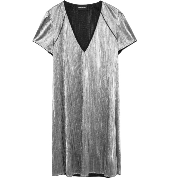 ZADIG & VOLTAIRE Lurex Russe Silver Metallic Short Sleeve V-Neck Mini Dress, S - Picture 7 of 9